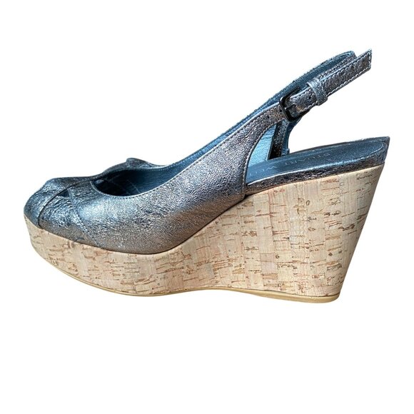 Stuart Weitzman - Silver Gray Metallic Slingback Cork Wedges Peep Toe - Size 8 - Picture 4 of 8